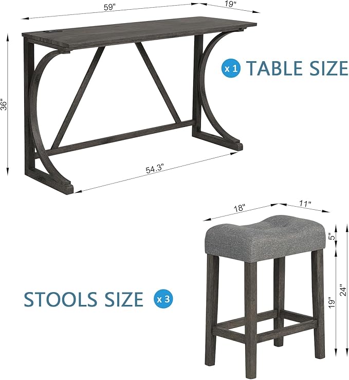 4-Piece Counter Height Table Set with Power Outlet, Wooden Dining Table and 3 Upholstered Stools, Modern Kitchen Pub Set for 4, Dark Gray