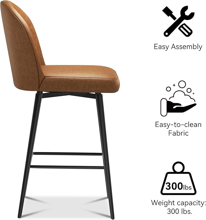 Swivel Bar Stools Set of 2, 26 Inch Faux Leather Counter Height Barstools with Back and Metal Frame, Upholstered Counter Stools for Kitchen Island, Dining Room, Pub, Saddle Brown