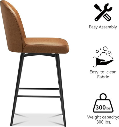 Swivel Bar Stools Set of 2, 26 Inch Faux Leather Counter Height Barstools with Back and Metal Frame, Upholstered Counter Stools for Kitchen Island, Dining Room, Pub, Saddle Brown