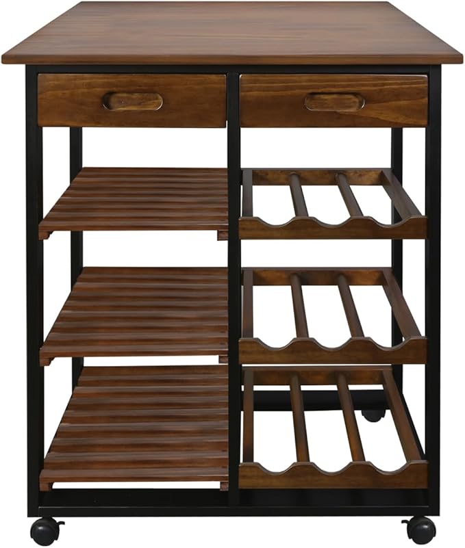 Casual Home Solid Wood 28" Wide l 4-Tier Rolling Kitchen Island Trolley with Wine Rack and Drawer, Mocha/Black