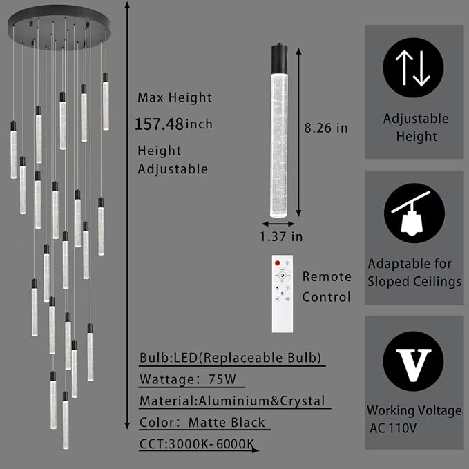 20-Lights Bubble Chandelier for Entryway High Ceiling-157 Height Adjustable Crystal Chandelier,3 Color Temperature Dimmable LED Pendant Light Fixture for Foyer Living Room Staircase,Matte Black