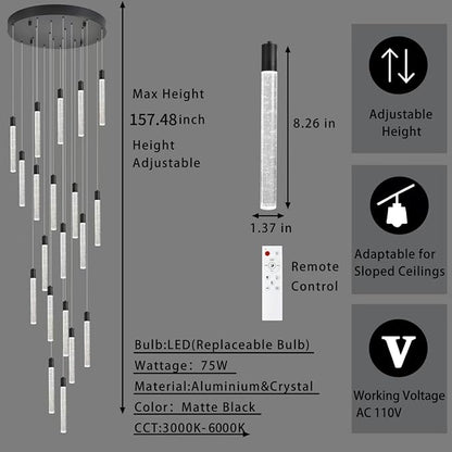 20-Lights Bubble Chandelier for Entryway High Ceiling-157 Height Adjustable Crystal Chandelier,3 Color Temperature Dimmable LED Pendant Light Fixture for Foyer Living Room Staircase,Matte Black