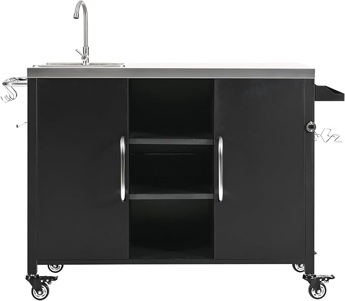 Modern Dining Table Outdoor Kitchen Island with Sink 55.5in, Metal Grill Cart Table with Stainless Steel Sink, Outdoor Bar Cart Sink Station with 4 Lockable Wheels for Pizza Prep,