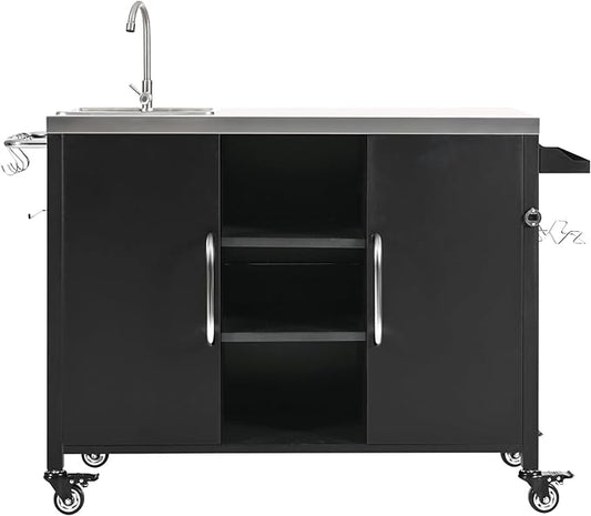 Modern Dining Table 54.5in Outdoor Kitchen Island with Stainless Steel Tabletop, Expandable Cabinet, Spice Rack, Towel Rack, Counter, Wood Console,Black-Metal