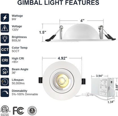 6 Pack White 4-inch 5 CCT Gimbal LED Recessed/Downlight Color Selectable 2700K/3000K/3500K/4000K/5000K 800Lm 9W 120V Dimness Adjustable LED Lights