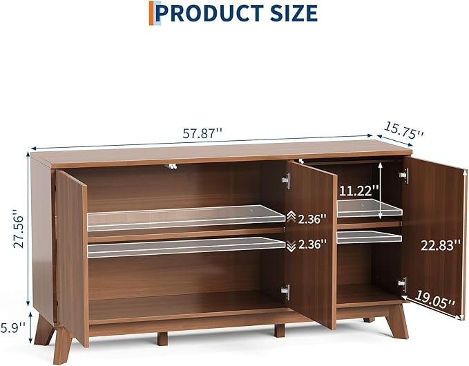 GarveeHome 58" Modern Farmhouse Sideboard Buffet Cabinet with Adjustable Shelves Storage & 4 Doors, Wood Buffet Console Table, Curved Design, Cupboard Coffee Bar Cabinet for Dining Room, Living Room