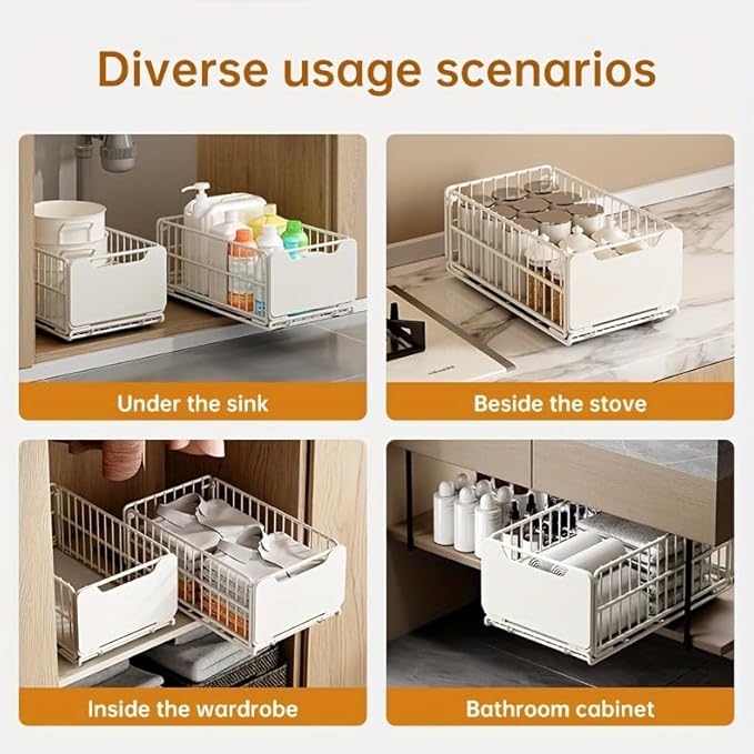 Pull Out Cabinet Organizer Fixed with Adhesive Nano Film, 1 Pack Sliding Mesh Cabinet Basket with Handle, Heavy Duty Slide out Pantry Shelves Drawer Storage for Home, Kitchen, Bathroom, Black