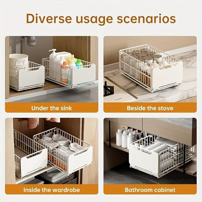 Pull Out Cabinet Organizer Fixed with Adhesive Nano Film, 1 Pack Sliding Mesh Cabinet Basket with Handle, Heavy Duty Slide out Pantry Shelves Drawer Storage for Home, Kitchen, Bathroom, Black