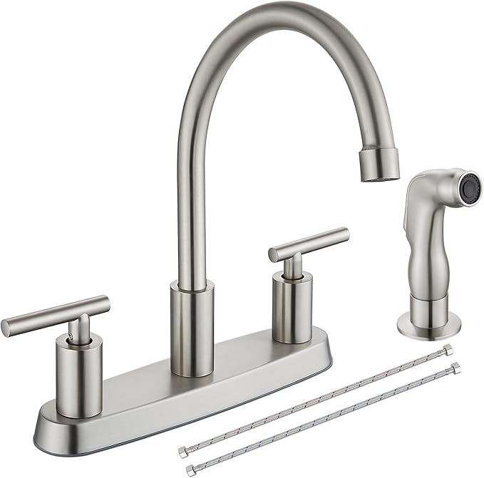 Kitchen Faucets, High Arc 360°Rotating Spout Kitchen Sink Faucet, 2 Handle 8 Inch Centerset RV Kitchen Faucet with Supply Lines, 3 or 4 Hole Kitchen Faucet with Side Sprayer, Brushed Nickel