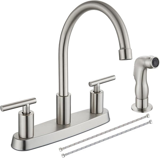Kitchen Faucets, High Arc 360°Rotating Spout Kitchen Sink Faucet, 2 Handle 8 Inch Centerset RV Kitchen Faucet with Supply Lines, 3 or 4 Hole Kitchen Faucet with Side Sprayer, Brushed Nickel