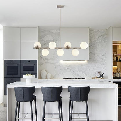 KCO Lighting Brushed Nickel Linear Chandelier White Milk Glass Chandelier Kitchen Linear Sputnik Pendant Light Mid Century Globe Pendant Light Fixture Modern Sliver Chandeliers Dining Room