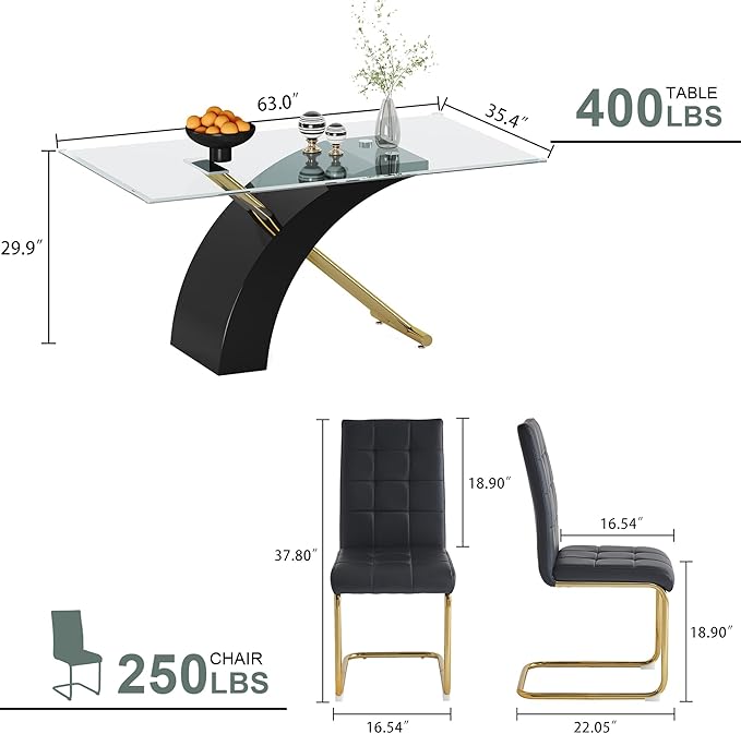 5-Piece Glass Dining Table Set, 63" White Kitchen Table with X-Shape MDF Base, Dining Room Set for 4 with 4 Leather Upholstered Chair for Kitchen, Dining Room (Black,Gold)