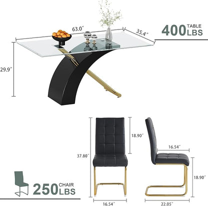 5-Piece Glass Dining Table Set, 63" White Kitchen Table with X-Shape MDF Base, Dining Room Set for 4 with 4 Leather Upholstered Chair for Kitchen, Dining Room (Black,Gold)