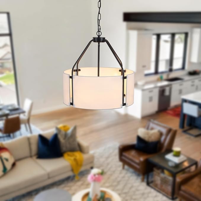 Drum Chandeliers, 18'' Drum Pendant Light Fixture with White Linen Fabric Shade, White Chandelier Adjustable Modern Farmhouse Hanging Lights for Dining Room Bedroom Kitchen Foyer Entryway