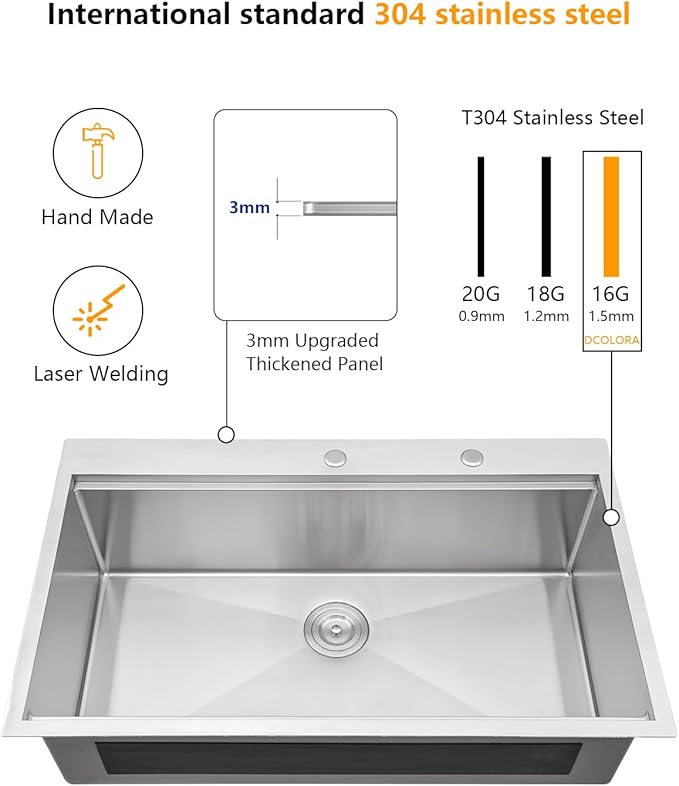 Dcolora 36 Kitchen Sink Drop In Extra Large Kitchen Sink with Ledge Workstation 16 Gauge Stainless Steeel Topmount Sinks Single Bowl, Round Corner, 36"x22"x10" DC-T7759