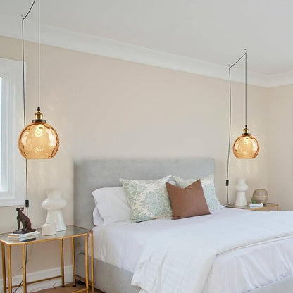 Amber Glass Hanging Lamp, Plug in Pendant Light with 14.75 Ft Long Cord, Plug in Hanging Chandelier Vintage Celing Light Fixtures Hanging for Kitchen Dining Room Living Room Bedroom (2 Pack)