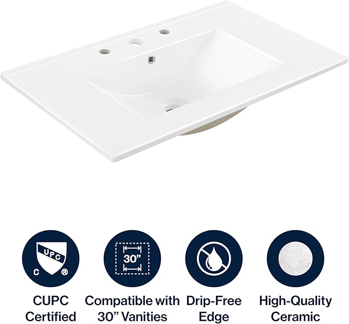 JONATHAN Y SNK1002A Ancillary 3-Hole 30 in. W x 18.25 in. D Classic Contemporary Rectangular Ceramic Single Sink Basin Vanity Top, White