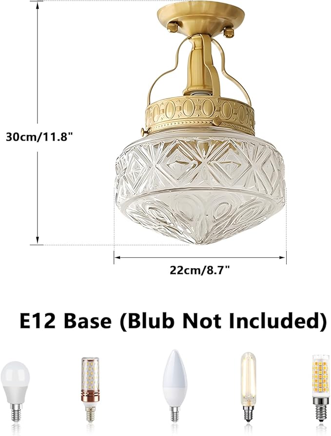 KCO Lighting Clear Glass Brass Flush Mount Ceiling Light Large Vintage Globe Ceiling Lighting Brushed Gold Bathroom Semi Flush Mount Ceiling Light Modern Hallway Ceiling Lamp
