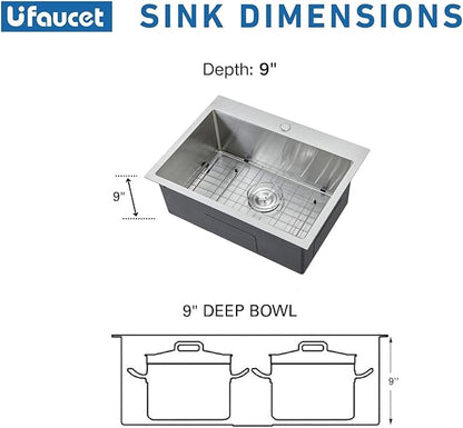 20 x 16 Drop In Kitchen Sink, Stainless Steel Top Mount Drop In Single Bowl Bar Wet Prep RV Outdoor Kitchen Sink 16 Gauge Brushed Nickel