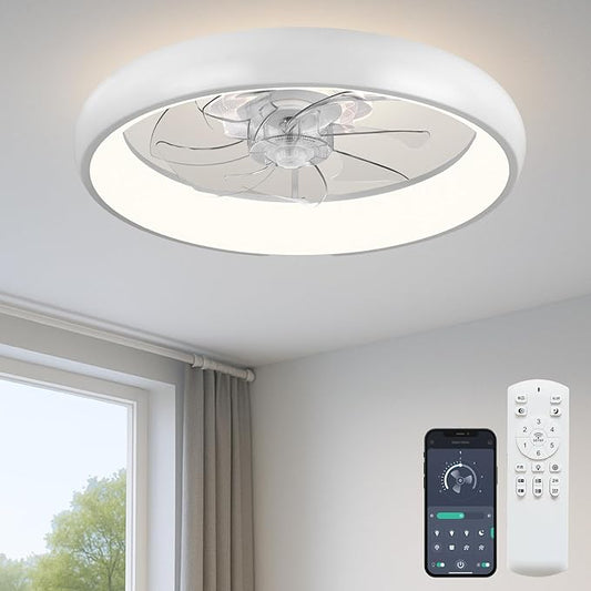 Fszdorj 20'' Ceiling Fan with Light, Upgraded Low Profile Fan, Flush Mount Ceiling Fan, 6 Speeds, Dimmable LED, App & Remote Control, Quiet DC Motor, for Bedroom, Living Room, F109 White