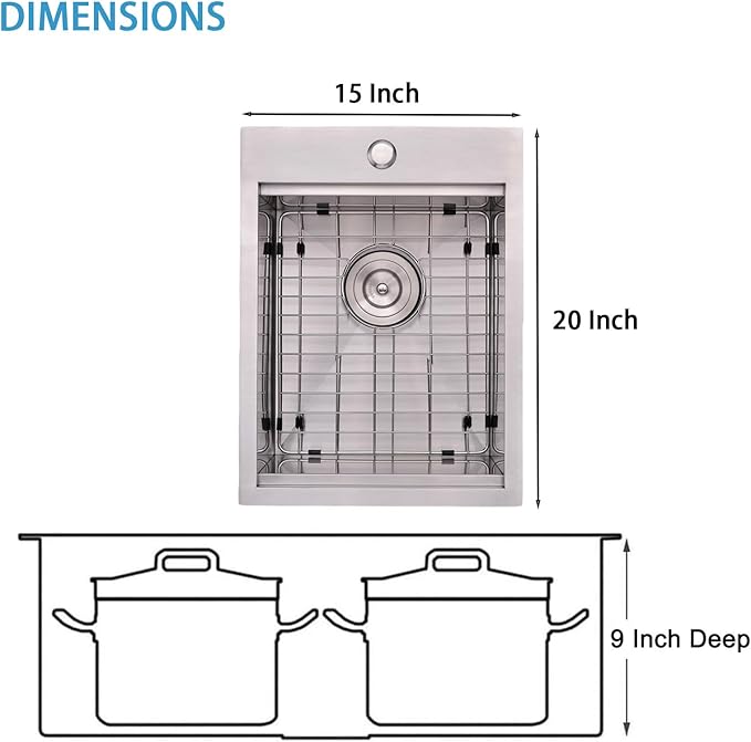 VAPSINT 15x20 Inch Drop In Bar Sink Workstation, 15x20x9 Topmount T304 Stainless Steel Small Kitchen Bar Sink, Handmade Single Bowl Basin for Laundry Wet Bar Prep RV Outdoor with Accessories