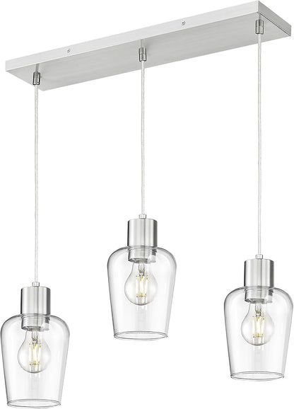 LMS Brushed Nickel Dining Room Light Fixture, 3-Light Clear Glass Island Lights, Farmhouse Linear Chandeliers for Kitchen Island Pendant Light Fixtures, LMS-123SPL-BN3