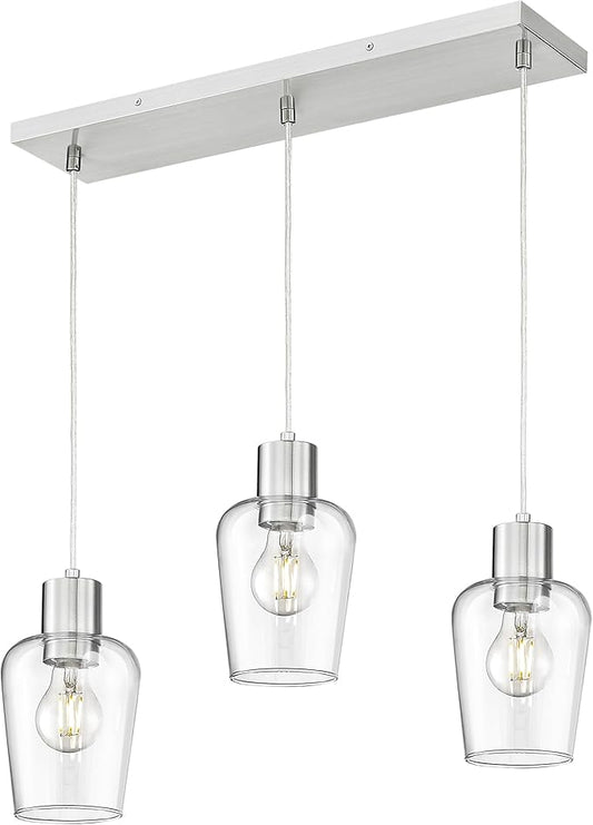 LMS Brushed Nickel Dining Room Light Fixture, 3-Light Clear Glass Island Lights, Farmhouse Linear Chandeliers for Kitchen Island Pendant Light Fixtures, LMS-123SPL-BN3