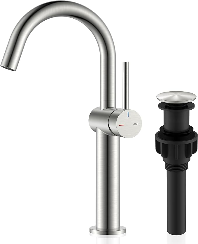 KENES Brushed Nickel Vessel Sink Faucet, Single Handle Tall Bathroom Faucet Single Hole, Modern Bathroom Vanity Faucet with Pop Up Drain and Supply Lines, KE-9005C