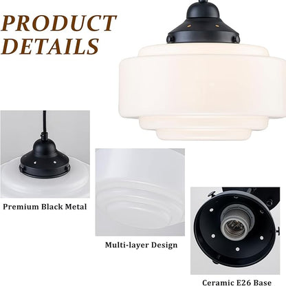 Schoolhouse Pendant Light 9.84" Vintage Milk Glass Chandelier Black Mid Century Modern Pendant Lighting Fixture for Kitchen Island Dining Room Living Room Hallway, Adjustable Height (E26)