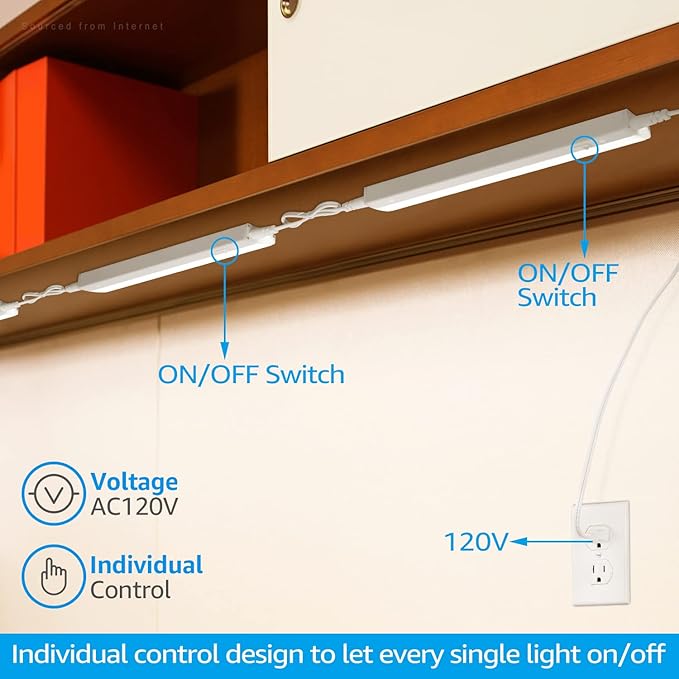 TORCHSTAR Plug in Under Cabinet Lighting, ETL Listed Linkable LED Under Cabinet Light Kit, Individual Control, 12 Inch, 3000K Warm White, 6W, Pack of 4