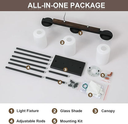 Mecgirn Farmhouse Dining Room Light Fixtures Over Table, Black Pendant Lights for Kitchen Island with Milk Glass Shade, 3 Light Linear Chandelier Lighting with Wood