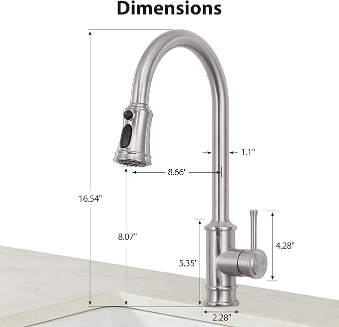Brushed Nickel Kitchen Faucet with Pull Down Sprayer, Vintage 3 Mode Sprayer Kitchen Sink Faucet for Praticial Use, Antique Farmhouse Style, Deck Mount