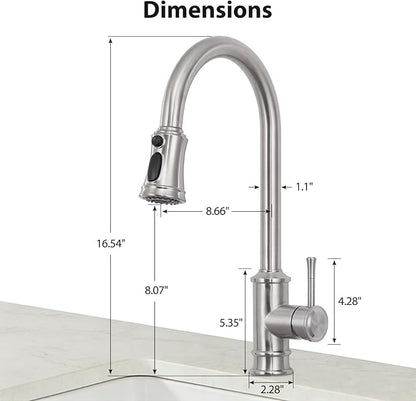 Brushed Nickel Kitchen Faucet with Pull Down Sprayer, Vintage 3 Mode Sprayer Kitchen Sink Faucet for Praticial Use, Antique Farmhouse Style, Deck Mount
