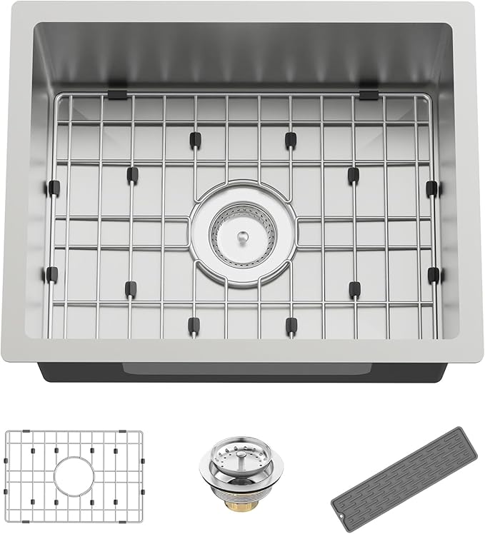 Kitchen And Bar Sink, 20x16 Inch Stainless Steel Undermount Modern Single Bowl Small Kitchen And Bar Sink Combo-SS Grid,Silicon Mat,Drain Strainer Set Compatibility With Various Kitchen&Bar Style