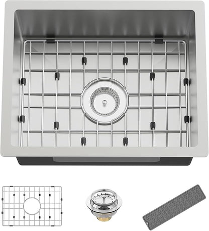 Kitchen And Bar Sink, 20x16 Inch Stainless Steel Undermount Modern Single Bowl Small Kitchen And Bar Sink Combo-SS Grid,Silicon Mat,Drain Strainer Set Compatibility With Various Kitchen&Bar Style