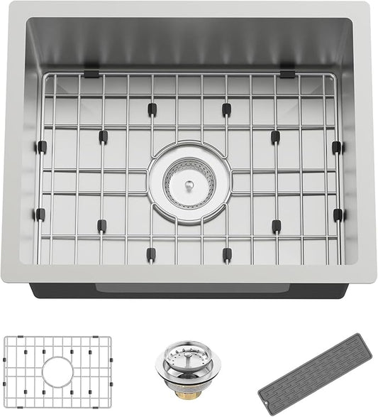 Kitchen And Bar Sink, 20x16 Inch Stainless Steel Undermount Modern Single Bowl Small Kitchen And Bar Sink Combo-SS Grid,Silicon Mat,Drain Strainer Set Compatibility With Various Kitchen&Bar Style
