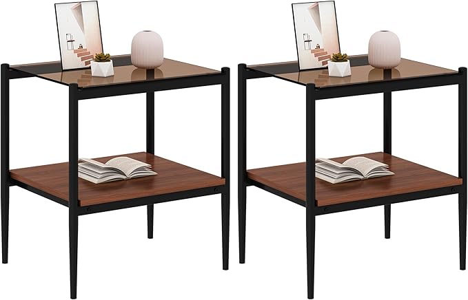 Set of 2 Glass End Table, 2-Layer Glass Living Room Table, Modern Tea Table Side Tables for Home Office Furniture