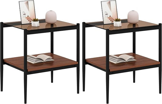 Set of 2 Glass End Table, 2-Layer Glass Living Room Table, Modern Tea Table Side Tables for Home Office Furniture