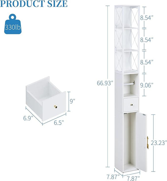 VECELO 67" Narrow Storage Cabinet, Tall Slim Corner Cabinet, Corner Storage with X-Shaped Metal Frame, Toilet Paper Holder, Magnetic Door, Ideal for Small Space, White