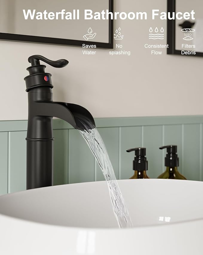 BWE Vessel Sink Faucet Waterfall Matte Black with Pop Up Drain Without Overflow and Supply Lines, Black Sink Faucet Bathroom One Handle Faucets Vanity Bath Mixer Tap