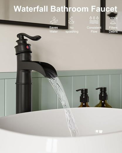 BWE Vessel Sink Faucet Waterfall Matte Black with Pop Up Drain Without Overflow and Supply Lines, Black Sink Faucet Bathroom One Handle Faucets Vanity Bath Mixer Tap