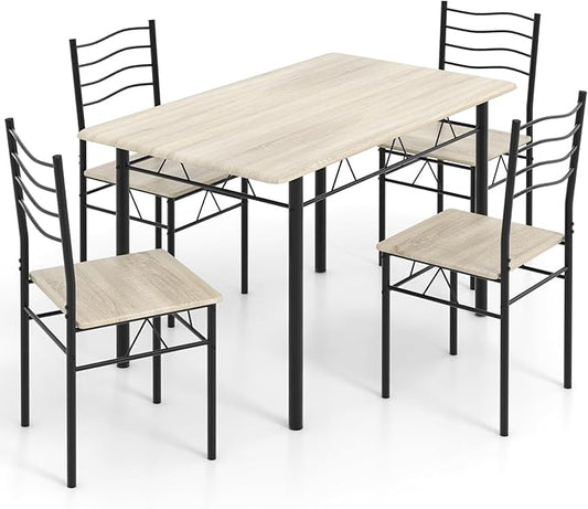 Giantex Modern 5 Piece Dining Table Set for 4 Chairs Wood Metal Kitchen Breakfast Furniture (Beech Wood)