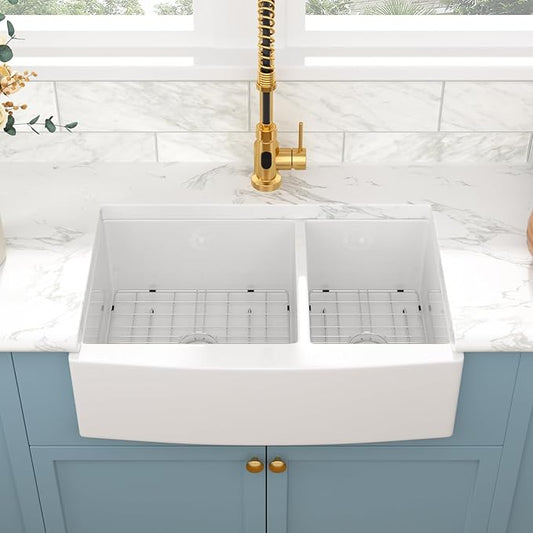 Sarlai 33 Double White Farmhouse Sink - 33 x 21 Inch Kitchen Sink Apron Front Double Bowl 60/40 White Porcelain Ceramic Fireclay Kitchen Farm Sinks Basin