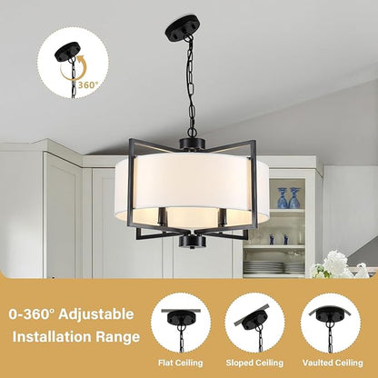 19.7" Drum Pendant Light Fixture, 4 Light Drum Chandelier with Wihte Fabric Lampshade, Farmhouse Kitchen Island Chandeliers over Table Black Hanging Lights Fixture for Dining Room Bedroom Living Room