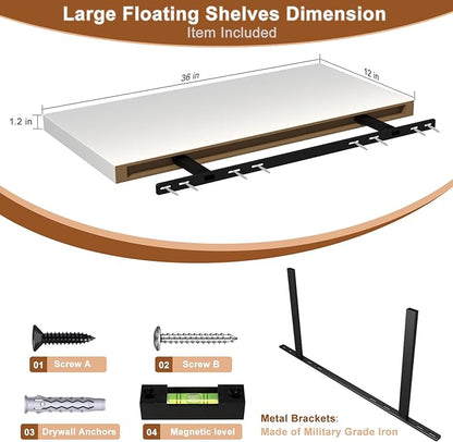 12 Inch Deep Floating Shelves for Wall 2 Pack Floating Shelfs Large Storage Space Wall Decor Display Shelf for Bathroom Living Room Bedroom Kitchen 36" W x 12" D x 1.2" H White