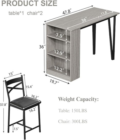 Garvee Bar Table and Chairs Set, 3 Piece Bar Table Set with with Flip Top Extension and Storage Shelves, Dining Table Set for 2, Suitable for Small Space Kitchen Apartment, Grey