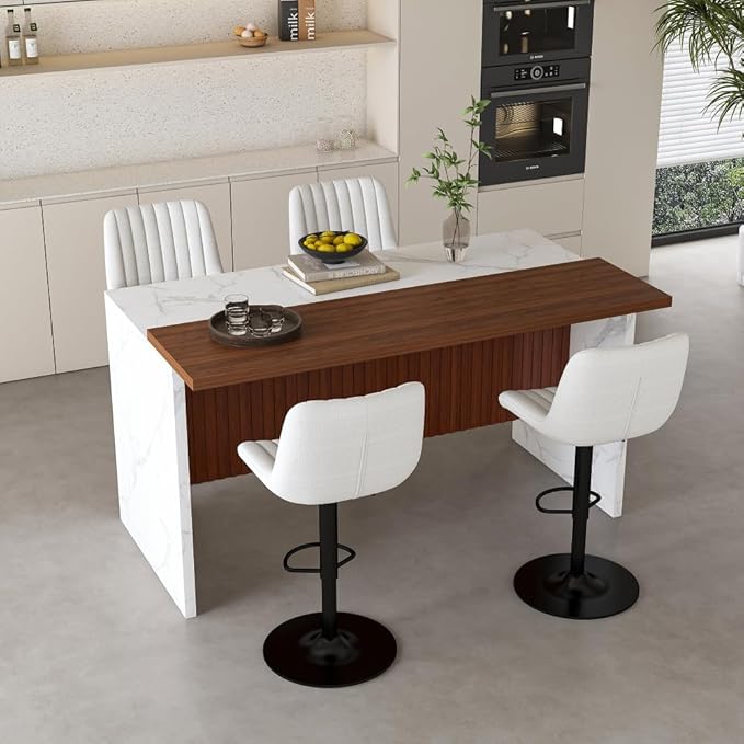 63 Inch Kitchen Island with 4 Deep Brown Bar Stools – White Marble Countertop, Integrated LED Lighting & Grille Design, Multi-Functional Breakfast Bar for Dining Rooms, (White+4beige)