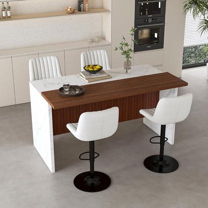 63 Inch Kitchen Island with 4 Deep Brown Bar Stools – White Marble Countertop, Integrated LED Lighting & Grille Design, Multi-Functional Breakfast Bar for Dining Rooms, (White+4beige)