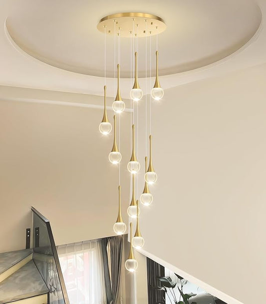 12 Light High Ceiling Crystal Chandelier Dimmable LED Pendant Lights with Remote Adjustable Chandeliers for Foyer Staircase Living Room Gold