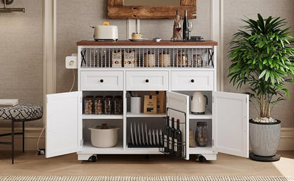 Ball & Cast Farmhouse Kitchen Island with Drape of Beads & Power Outlet, Rolling Kitchen Cart on 5 Wheels, 3 Drawers, Internal Iron Shelf & Towel Rack, for Kitchen & Dining Room, White